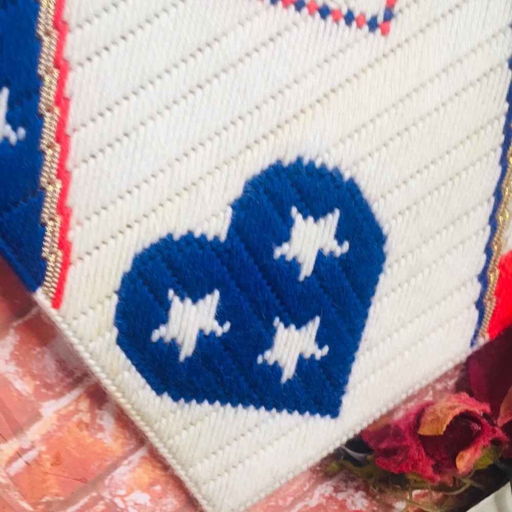 Vintage Handmade Patriotic Heart American Flag Needlepoint Wall Hanging - Picture 3 of 8